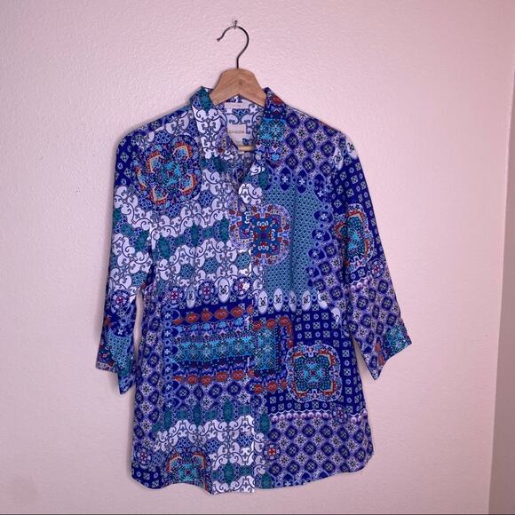 Chico’s Blue White No Iron Button Up Tunic 0 - Picture 1 of 11